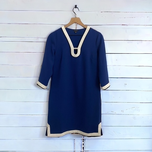 Ann Taylor Mod Deep Indigo Blue 3/4 Sleeve V-Neck Color Block Mini Shift Dress - Picture 1 of 6